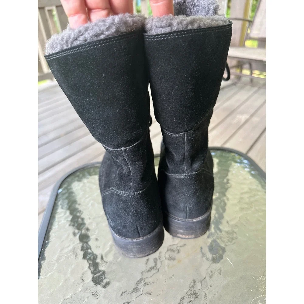 UGG Black Suede Leather Lace Up‎ Shearling Lined Winter Boots Women's Size 10